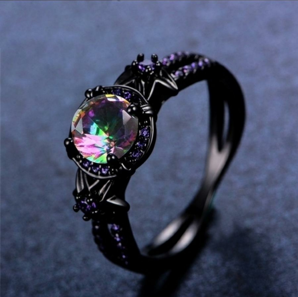 10K Black Gold Rainbow Mystic Topaz Flower Ring
